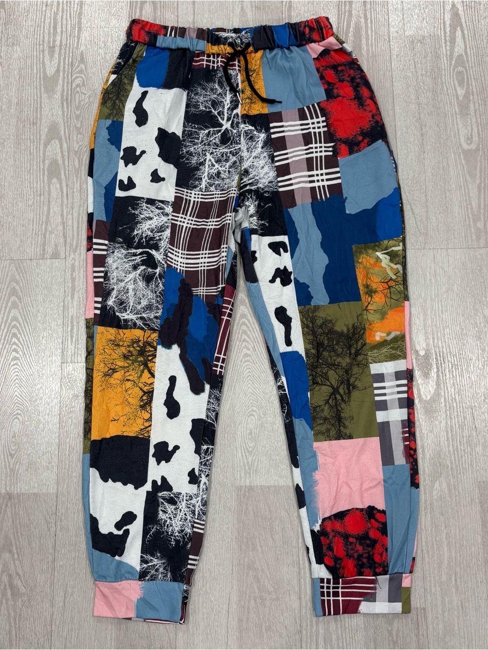 Retro Mixed Print Patchwork Pants Elastic Waist Joggers Size S